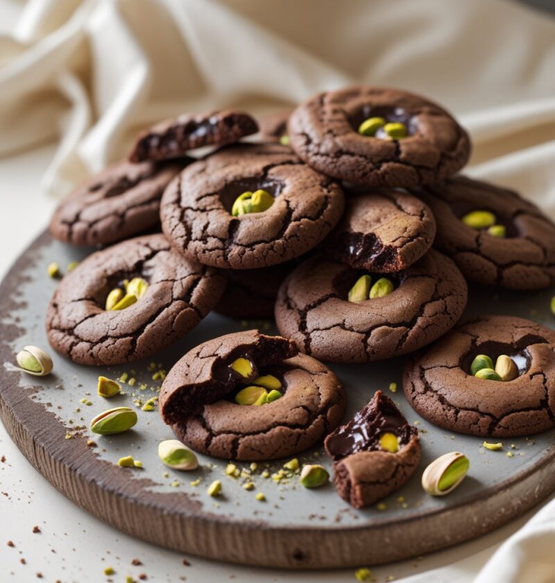 Dark Chocolate Thumbprint Pistachio Cookies