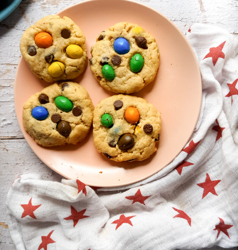 Eggless Jumbo peanut butter, chocolate chips, and Peanut butter M&M cookies