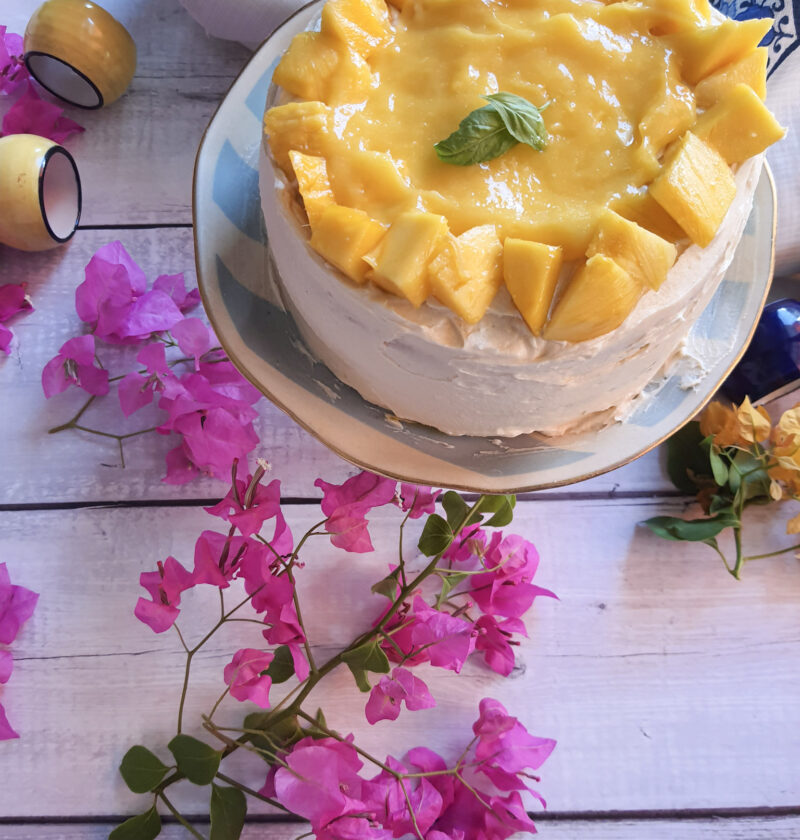 Eggless Mango Cake with White Chocolate Ermine Frosting.